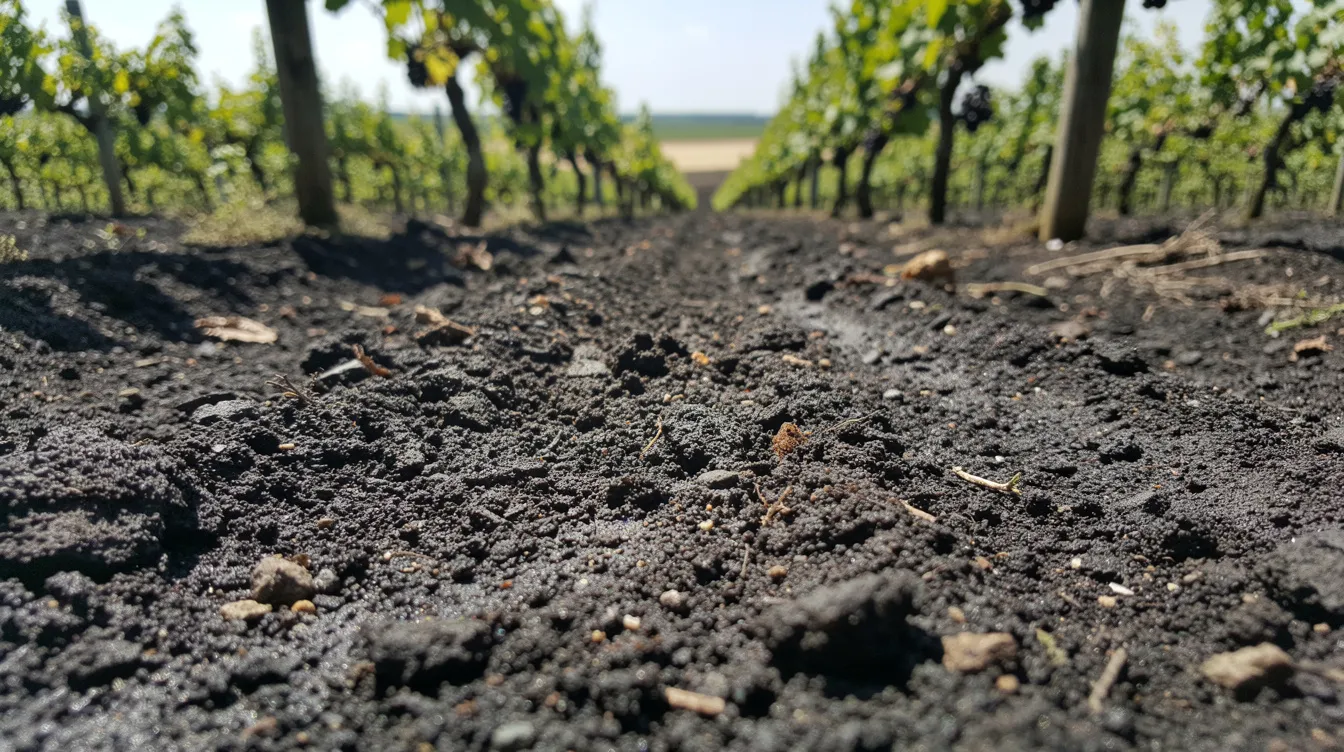 A close-up view of dark silty soil nestled between rows of grapevines in a flat vineyard of the Sacramento River Delta, showcasing the fertile soils that contribute to the quality of Clarksburg wine. This midday scene highlights the rich earth that nurtures wine grapes, essential for producing award-winning wines in the Clarksburg AVA.