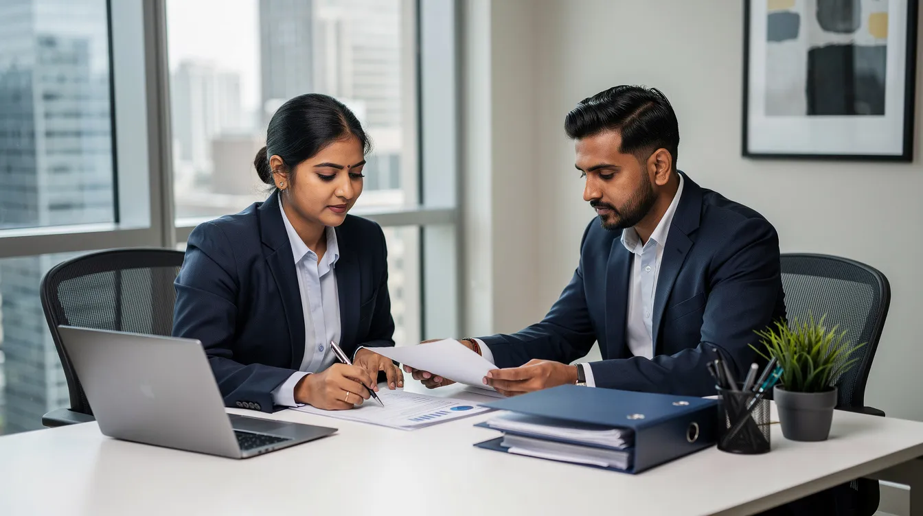 An Indian entrepreneur is seated at a clean office desk, reviewing paperwork alongside a professional advisor, discussing important documents related to business loans and financial institutions. The atmosphere suggests a focus on the details required for obtaining funds through programs like the Pradhan Mantri Mudra Yojana, essential for small enterprises and the MSME sector.