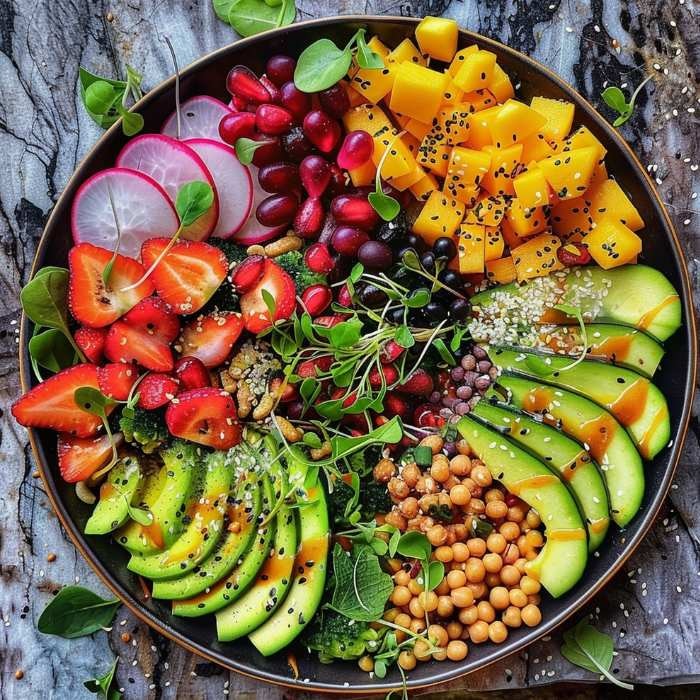 Colourful and vibrant bowl of mixed fresh fruits and vegetables, showcasing a healthy diet and the benefits of Vitamin B Complex Supplements.