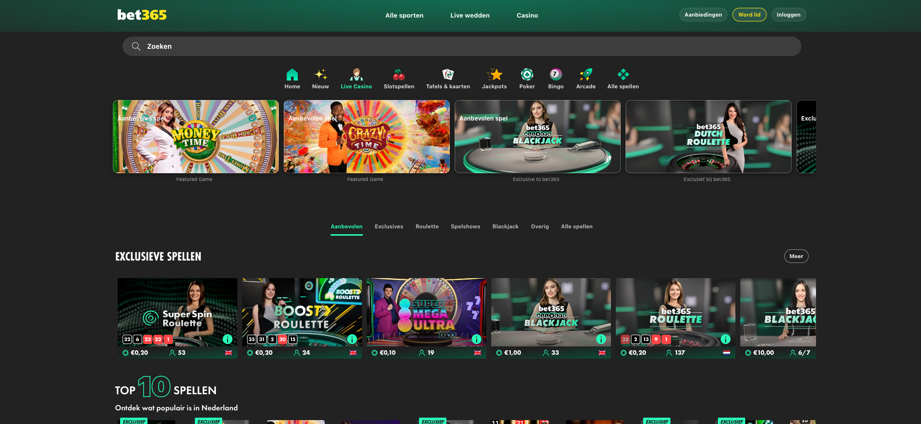 Overzicht van het bet365 live casino, met populaire live spellen zoals Crazy Time, Money Time, blackjack en roulette, inclusief exclusieve live casino tafels en interactieve spelshows met echte dealers.