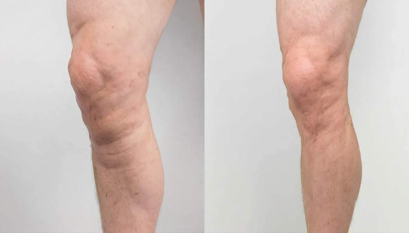 The image shows a before and after comparison of a knee, highlighting improved mobility and reduced swelling after treatment. The visible difference suggests effective knee pain relief, likely achieved through methods such as red light therapy or infrared therapy, enhancing joint recovery and reducing inflammation.
