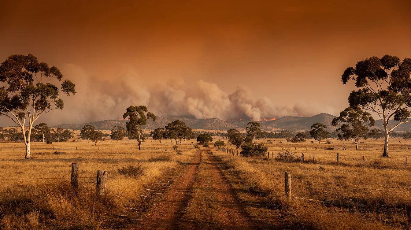 The image depicts an Australian rural landscape with a dramatic orange sky, where smoke from distant bushfires rises on the horizon, highlighting the importance of disaster management and emergency planning in response to natural disasters. This scene serves as a reminder of the need for coordinated response efforts and community preparedness in the face of such emergencies.