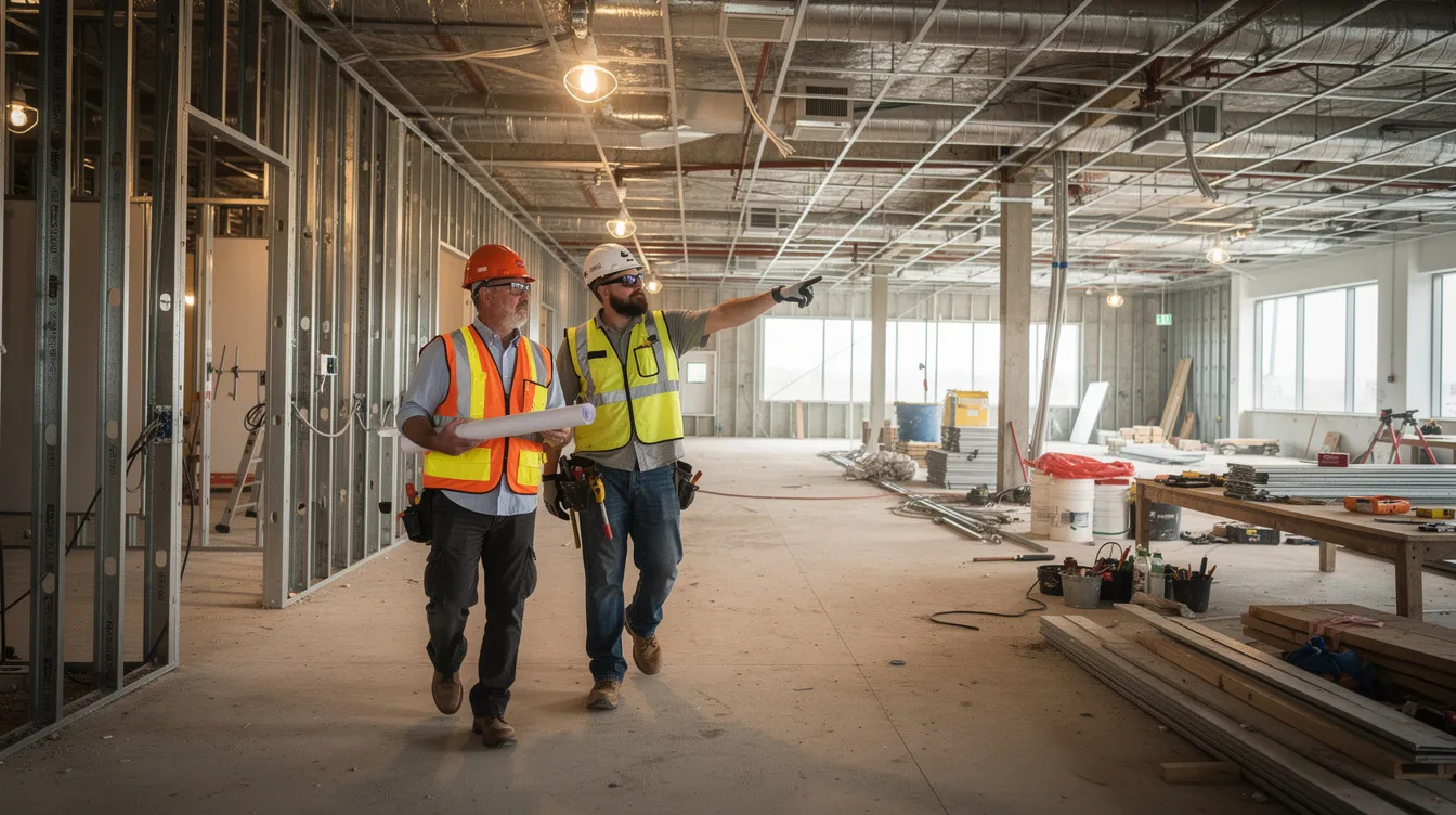 A superintendent and a new construction worker are walking together through a commercial building under construction, discussing the progress of the project. This interaction highlights the importance of employee engagement and skill development in the construction industry, as they review safety protocols and work site conditions to ensure a strong workplace culture.