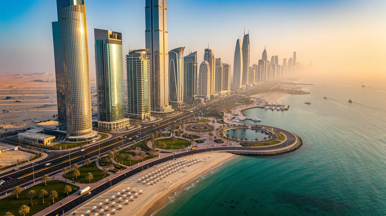 Imagem de Abu Dhabi, mostrando a moderna arquitetura da cidade com edifícios altos e elegantes. Ao fundo, destaca-se o céu azul e algumas nuvens, refletindo a atmosfera vibrante da capital dos Emirados Árabes Unidos.