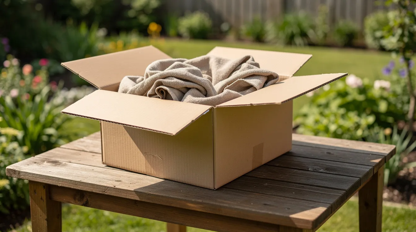 A DIY BB trap made from a cardboard box filled with fabric is set up on a table in a garden, providing a safe way to catch airsoft BBs during practice. This setup emphasizes the importance of responsible handling and safety tips for airsoft players, ensuring an enjoyable airsoft experience.