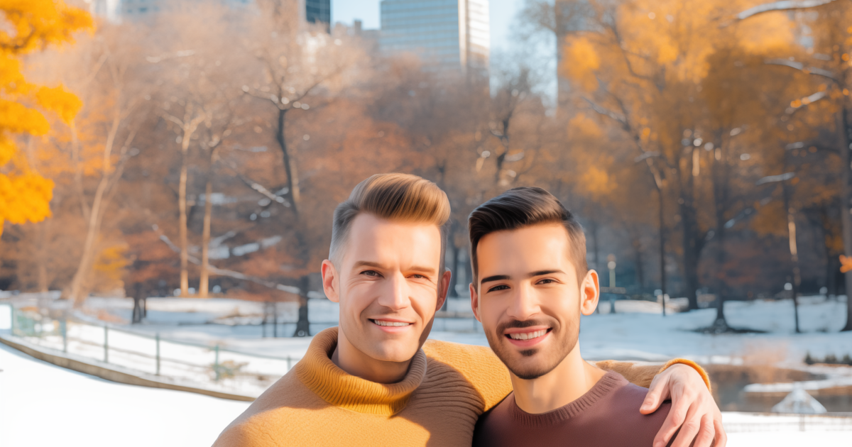 A gay couple in New York's Central Park holding each other. They had insurance coverage to get reimbursed for unlimited messaging as part of their couples therapy.