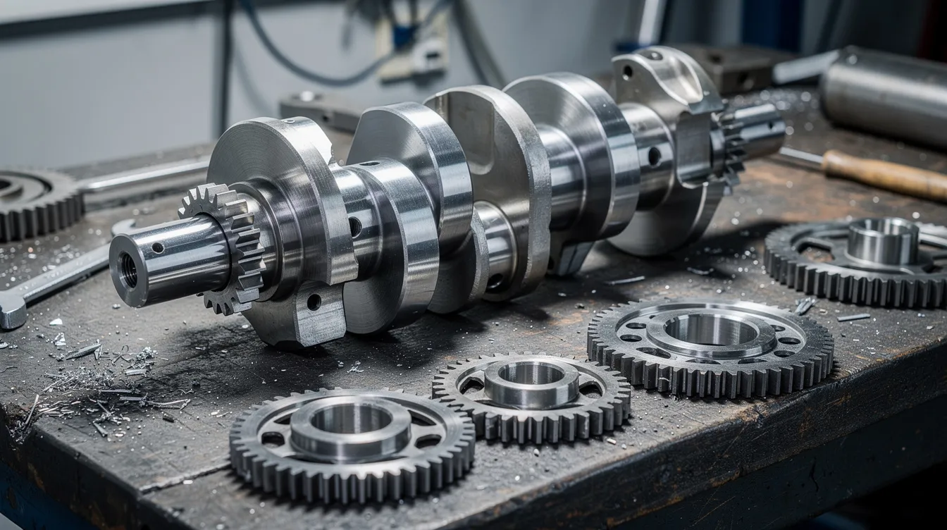 The image features a polished metal crankshaft alongside various gears, all meticulously arranged on a workshop bench illuminated by bright industrial lighting. This setup highlights the intricate mechanical properties and durability of materials like ductile iron and cast iron, which are commonly used in automotive components for their excellent wear resistance and high tensile strength.