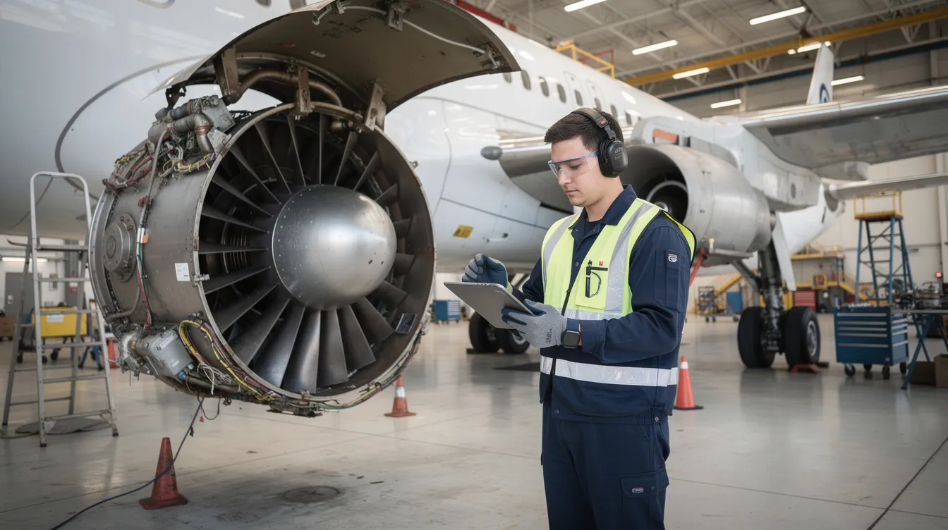 An aviation maintenance technician is seen working diligently near an aircraft engine inside a hangar, utilizing specialized tools as part of their training in airframe and powerplant systems. This hands-on experience is essential for meeting federal aviation administration certification requirements and preparing for a successful career as an aircraft mechanic.