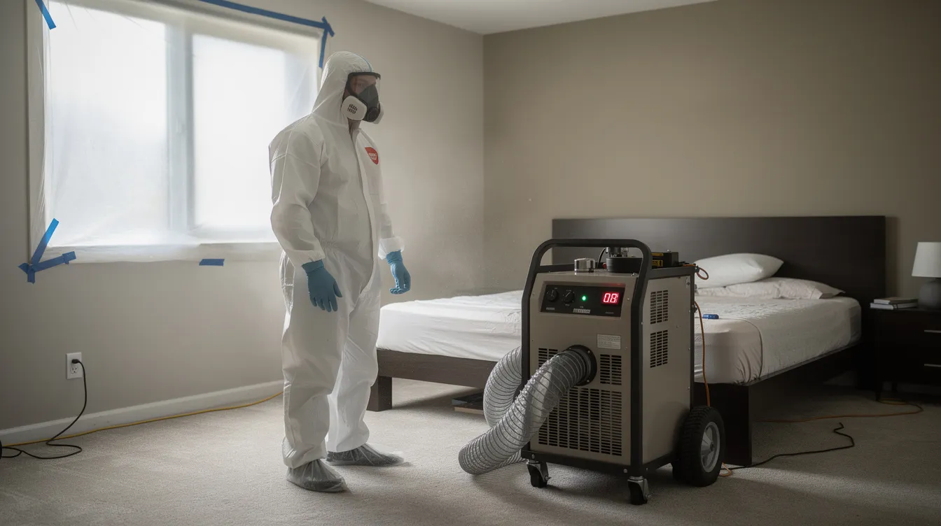 A remediation technician in protective gear operates a professional air scrubber in a residential room, focusing on improving air quality and mitigating mold growth. This process is essential for ensuring a mold-free environment and may involve mold inspection and treatment to address any hidden mold spores or water damage.