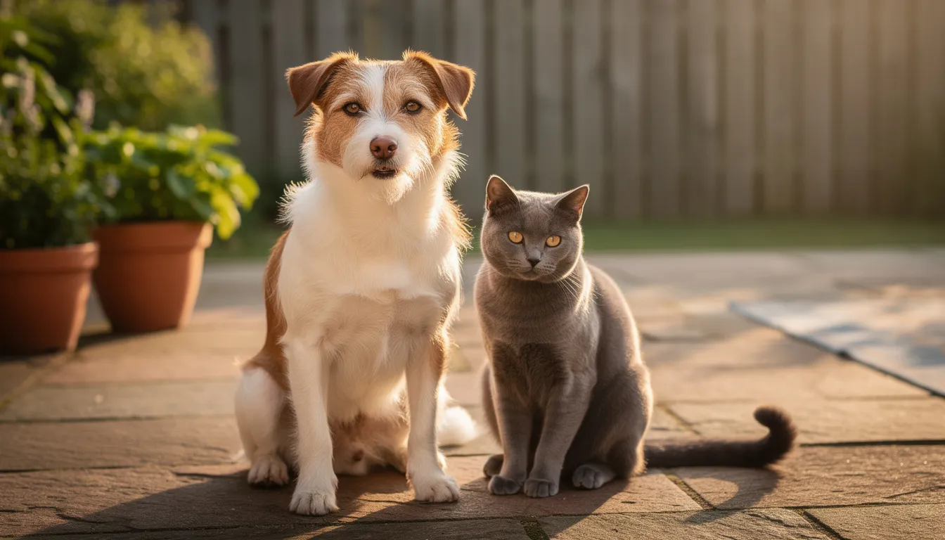 A Kromfohrlander with a smooth, medium-length coat in dark brown and tan markings sits comfortably next to a cat on a backyard patio. The dog, known for its good-natured demeanor and distinctive white blaze, enjoys the sunny day alongside its feline companion.