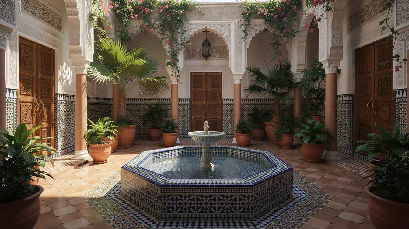 The image depicts a traditional Moroccan riad courtyard featuring a beautifully tiled fountain surrounded by vibrant potted plants, creating a serene and inviting atmosphere. This picturesque setting is ideal for tourists to relax and enjoy the local culture, while also considering the importance of drinking safe water during their trip, such as bottled or boiled water, to avoid stomach issues.