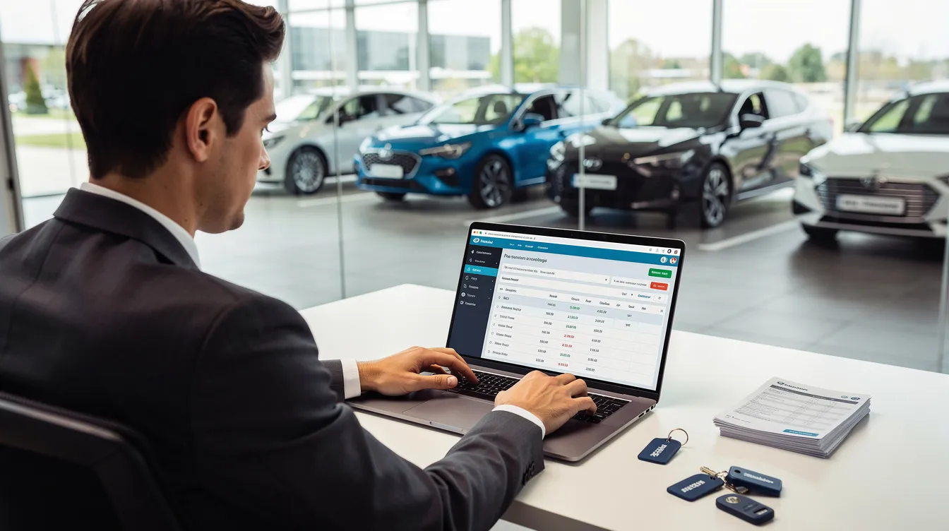 Un empleado de una agencia de alquiler de coches trabaja en su laptop, gestionando reservas y contratos con un software moderno, mientras varios vehículos de alquiler se exhiben en el fondo, creando un ambiente profesional y dinámico. La escena refleja un servicio eficiente y opciones variadas para los clientes que buscan alquilar coches en la ciudad.