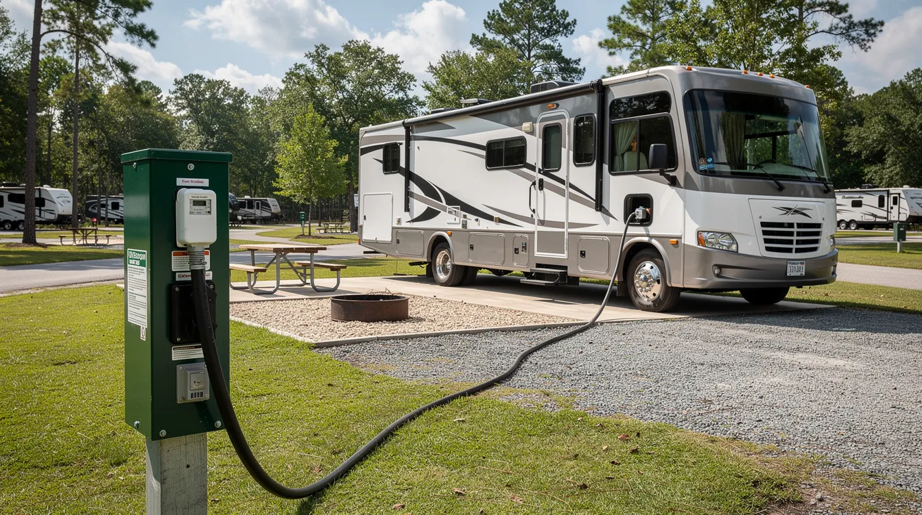 An RV is parked at a campground, with a visible electrical hookup pedestal that provides shore power for the vehicle's electrical system. This setup allows RV owners to connect their power cord to access electricity for appliances like air conditioners and microwaves during their camping trip.