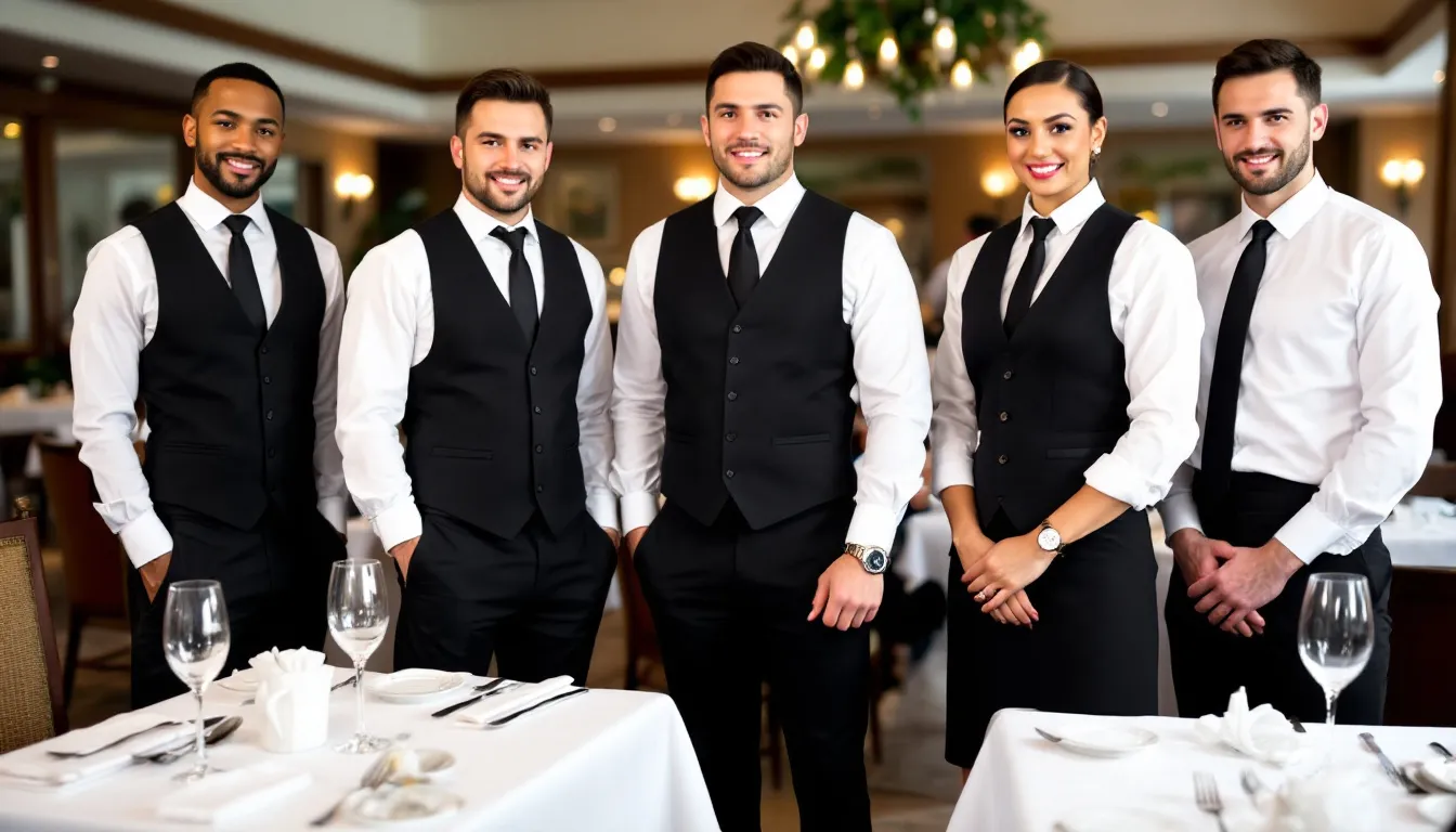 The image depicts properly dressed restaurant employees, showcasing a variety of uniforms that align with the restaurant's dress code policy. The staff members wear clean, business casual attire, including button-down shirts and non-slip shoes, emphasizing good personal hygiene and a professional appearance in a dining area.