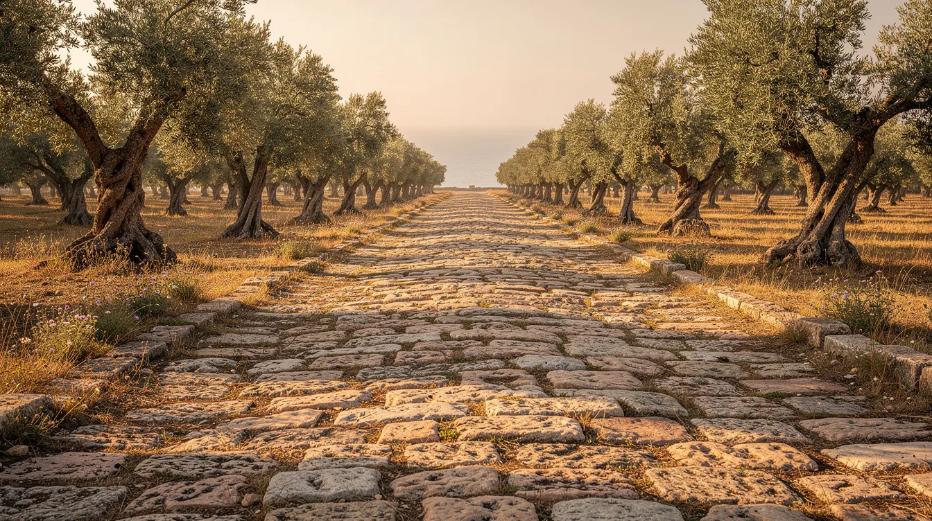 The image depicts an ancient stone road leading toward a distant Mediterranean horizon, flanked by olive trees, evoking the Greco-Roman world where early Christians and Jewish believers navigated the landscape of their historical context. This serene scene reflects the rich cultural heritage of the region, intertwined with themes from the New Testament and early Christianity.