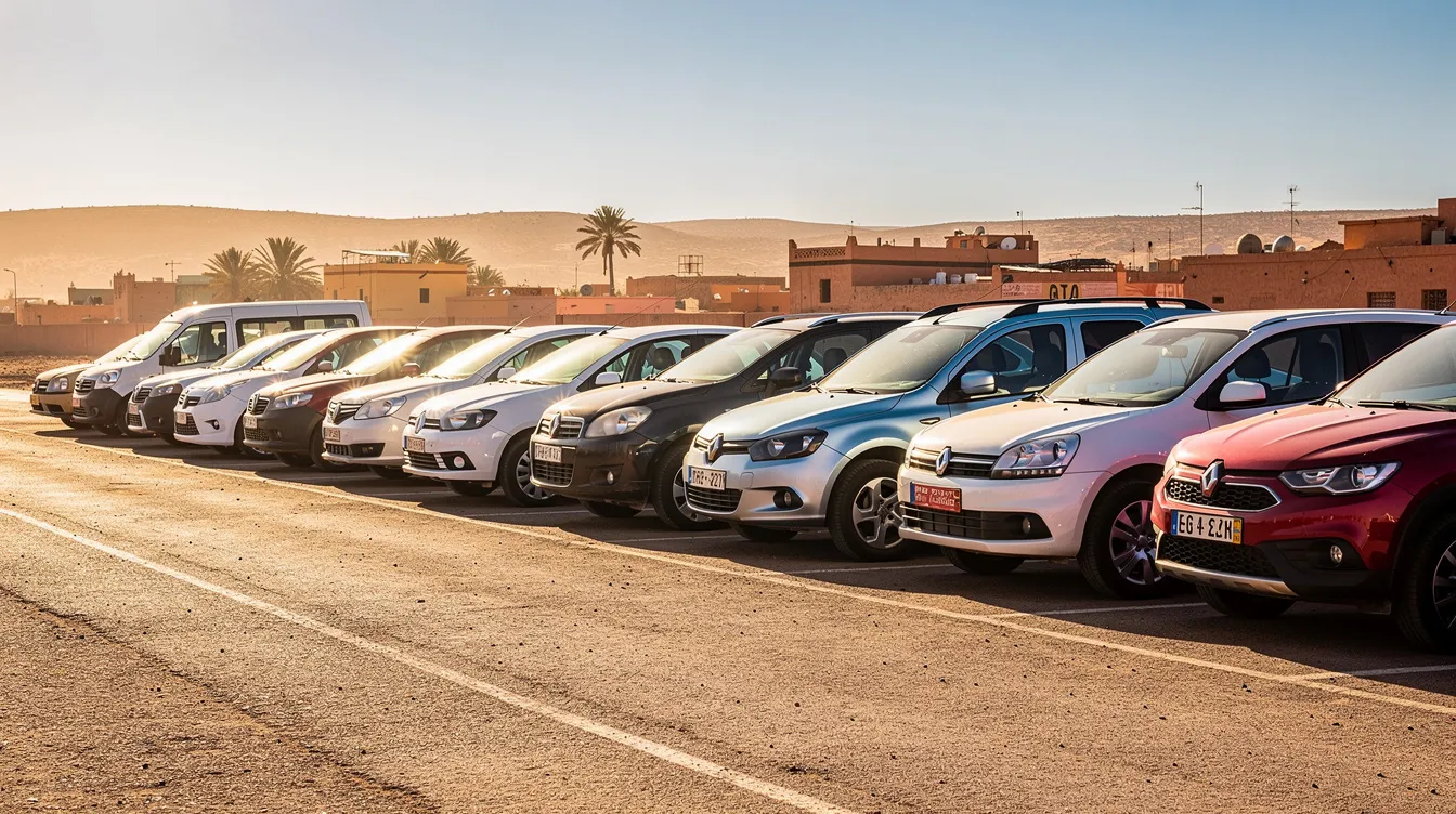 Une rangée de voitures de différentes catégories est alignée dans un parking ensoleillé au Maroc, offrant une variété de modèles pour la location de voitures à Casablanca. Les véhicules, allant des citadines aux SUV, sont prêts à être loués pour des excursions dans la ville ou aux environs.