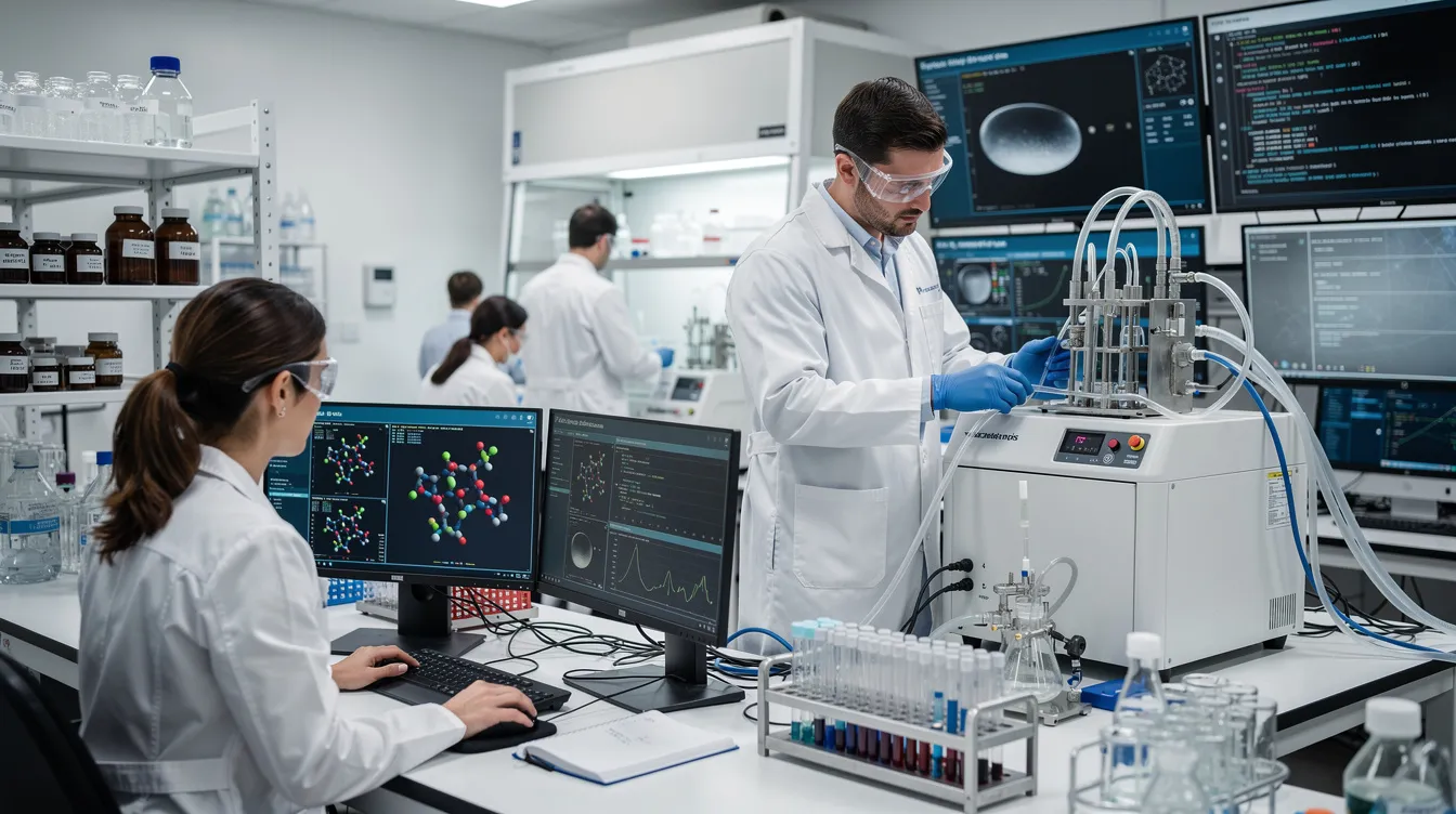 A group of researchers is actively engaged near laboratory equipment and computer displays, focusing on advancements in artificial intelligence and large language models. Their collaborative efforts reflect the future of technology and data generation in various fields.