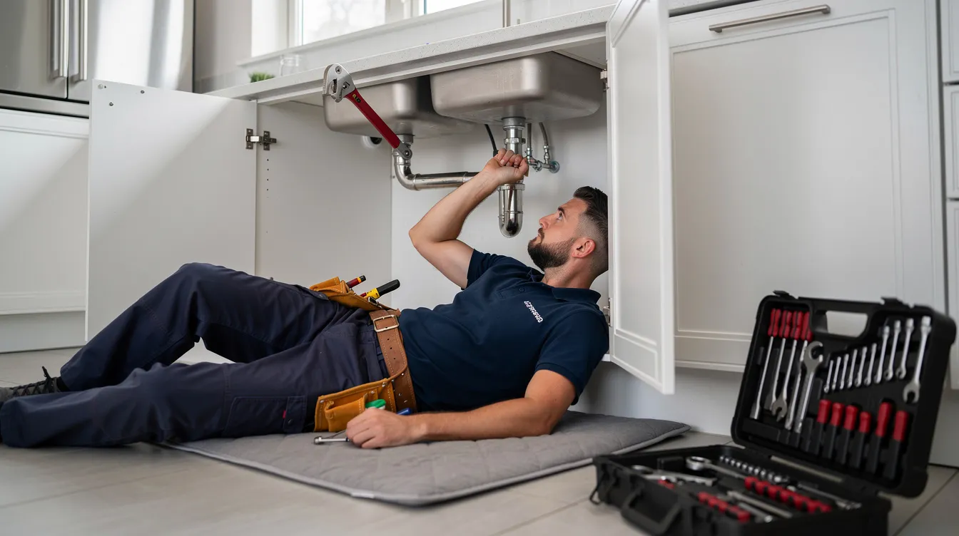 A professional plumber is seen using a pipe wrench to inspect and repair the plumbing system under a kitchen sink, ensuring proper maintenance and preventing potential plumbing issues. This visual highlights the importance of regular plumbing inspections to avoid costly repairs and maintain an efficient plumbing system.