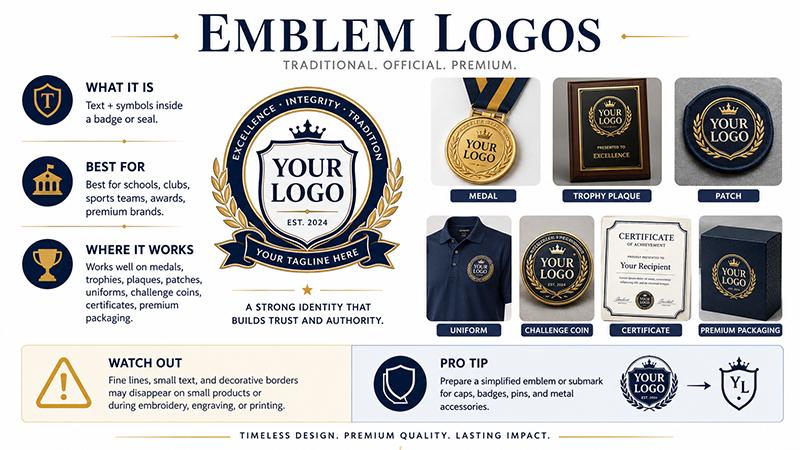 Emblem logo example for medals, plaques, patches, uniforms, certificates, challenge coins and premium packaging