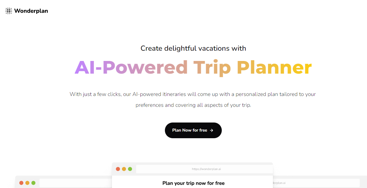AI Travel Tool - Wonderplan.ai Website