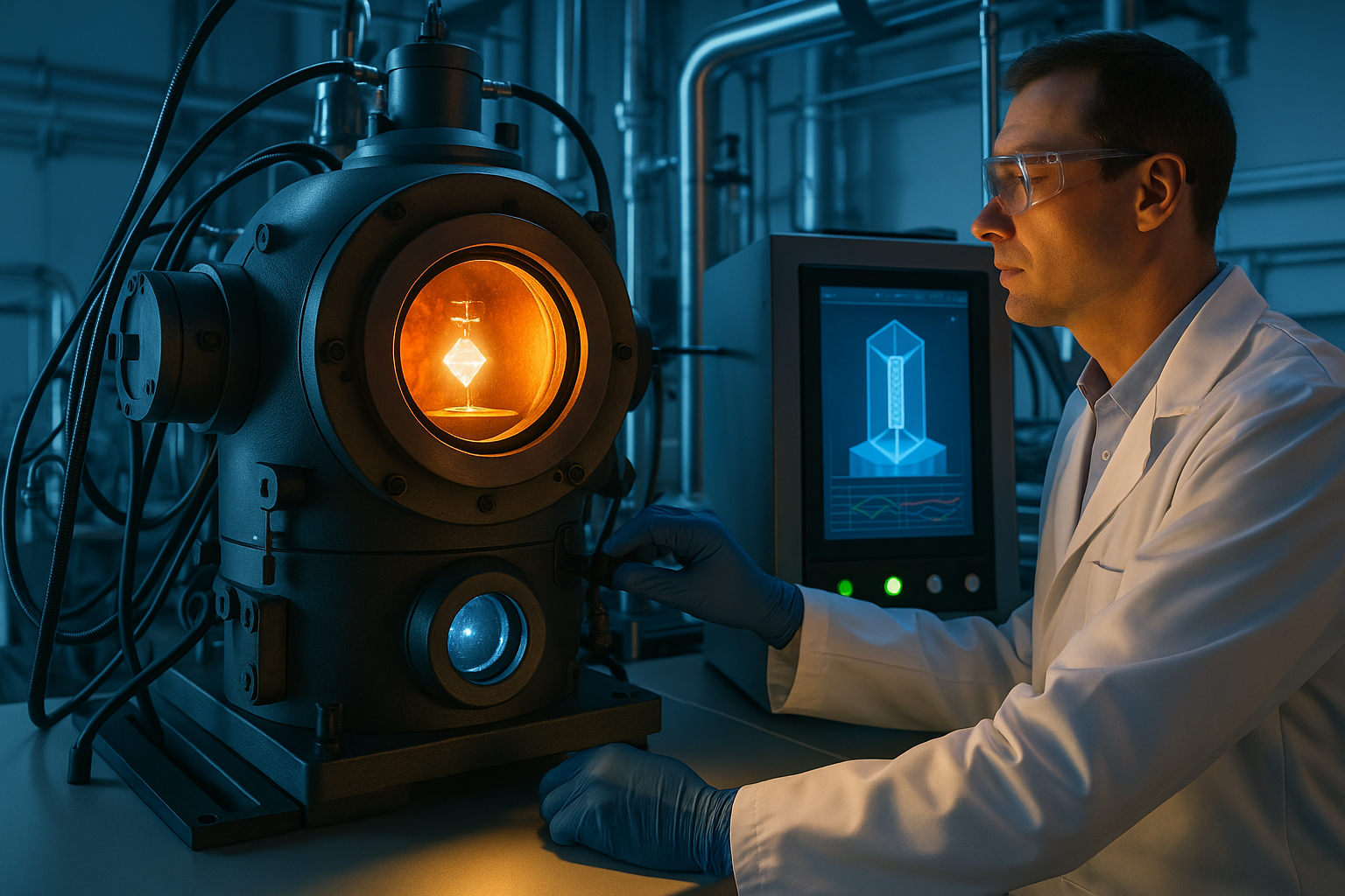 Laboratorijoje auginamas deimantas – mokslininkas stebi deimantų augimo procesą