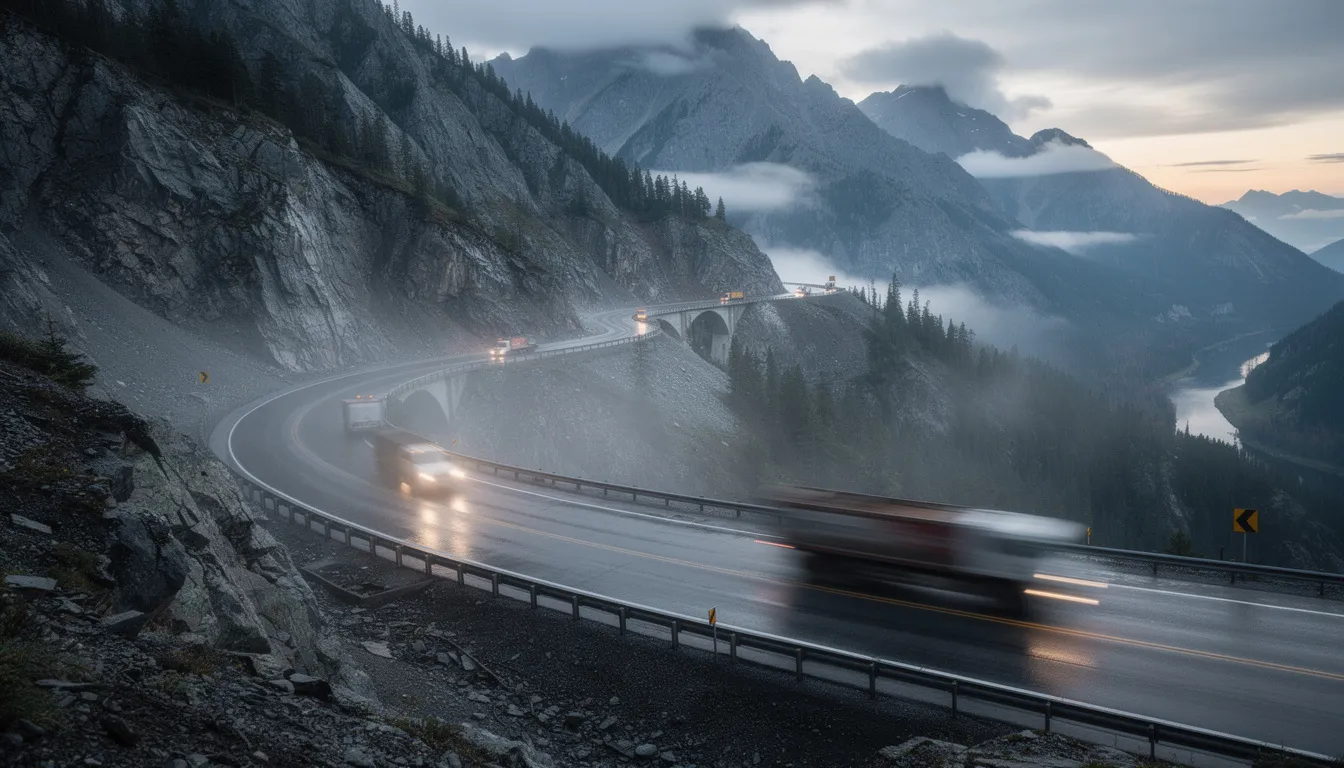 The image depicts a winding highway cutting through rugged mountains, illustrating the challenging driving conditions that workers may face, particularly in relation to motor vehicle accidents. This scene highlights the importance of seeking legal support from a workers compensation lawyer to navigate the complexities of personal injury claims and recover full and fair compensation for injured workers.