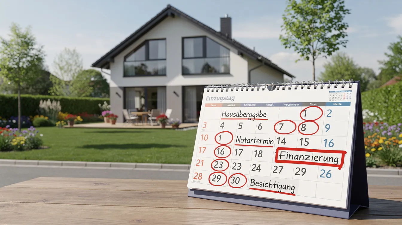 Das Bild zeigt ein Einfamilienhaus mit einem gepflegten Garten im Vordergrund. Auf einem Kalender sind wichtige Daten hervorgehoben, die für die Planung der Anschlussfinanzierung und die Zinsbindung von Bedeutung sind.