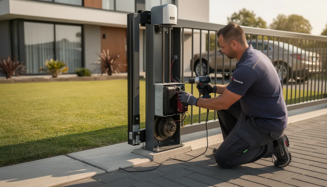 A technician is installing a gate motor on a residential property, ensuring the functionality of automatic gates for secure access. The image captures the professional work being done to enhance the driveway with an electric gate system.