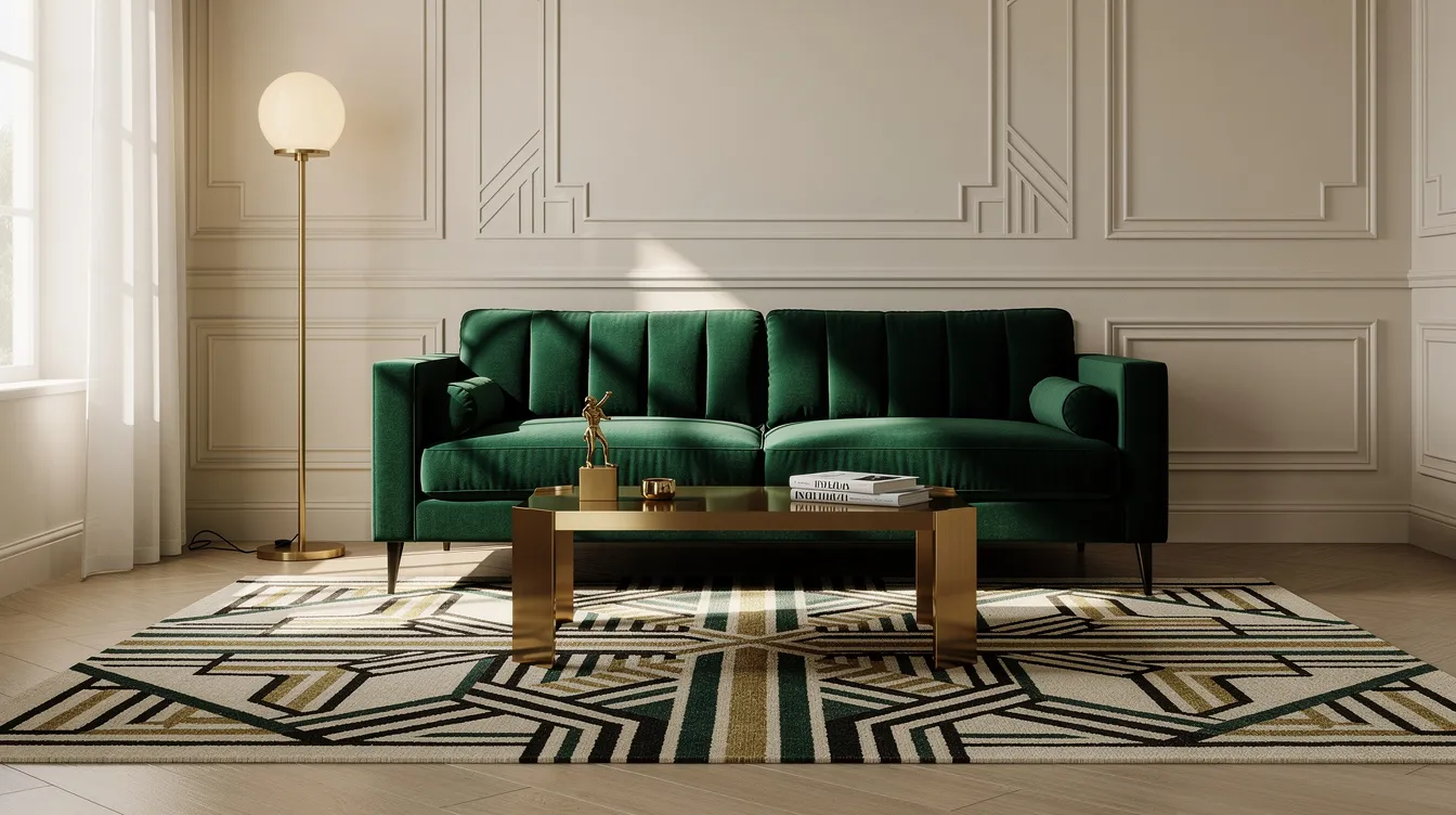 Een stijlvolle woonkamer in art deco stijl met een smaragdgroene fluwelen bank, een messing salontafel en een geometrisch vloerkleed. De ruimte straalt luxe uit door de rijke kleuren en glanzende materialen, met een elegante uitstraling.