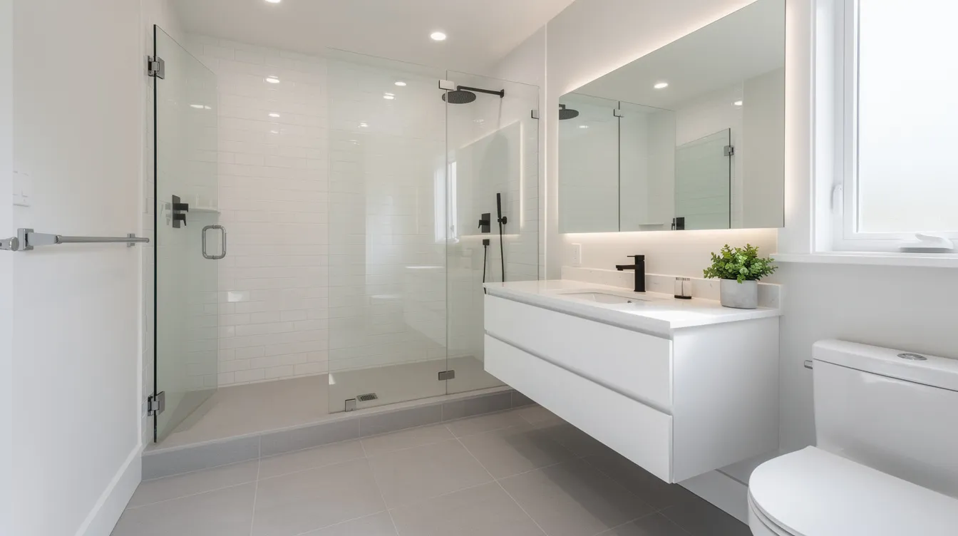odern professional bathroom renovation with glass shower and floating vanity in Vancouver