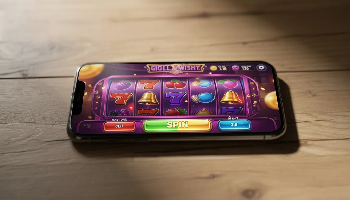 En smartphone ligger på ett träbord och visar ett färgglatt gränssnitt för en slotspelapp, där spelare kan njuta av casinospel hos Unibet. Skärmen är livfull med olika symboler och insatsalternativ, vilket inbjuder till ansvarsfullt spelande och underhållning.