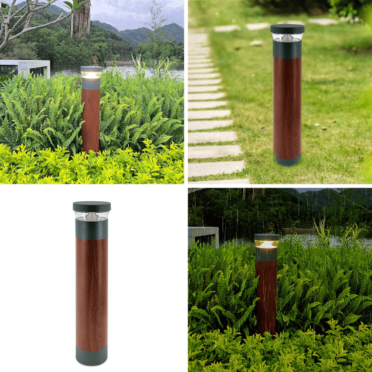 Alt text: Collage of outdoor garden bollard lights with a wood finish and modern metallic top, installed along pathways and in landscaped areas, providing subtle illumination in a natural setting.