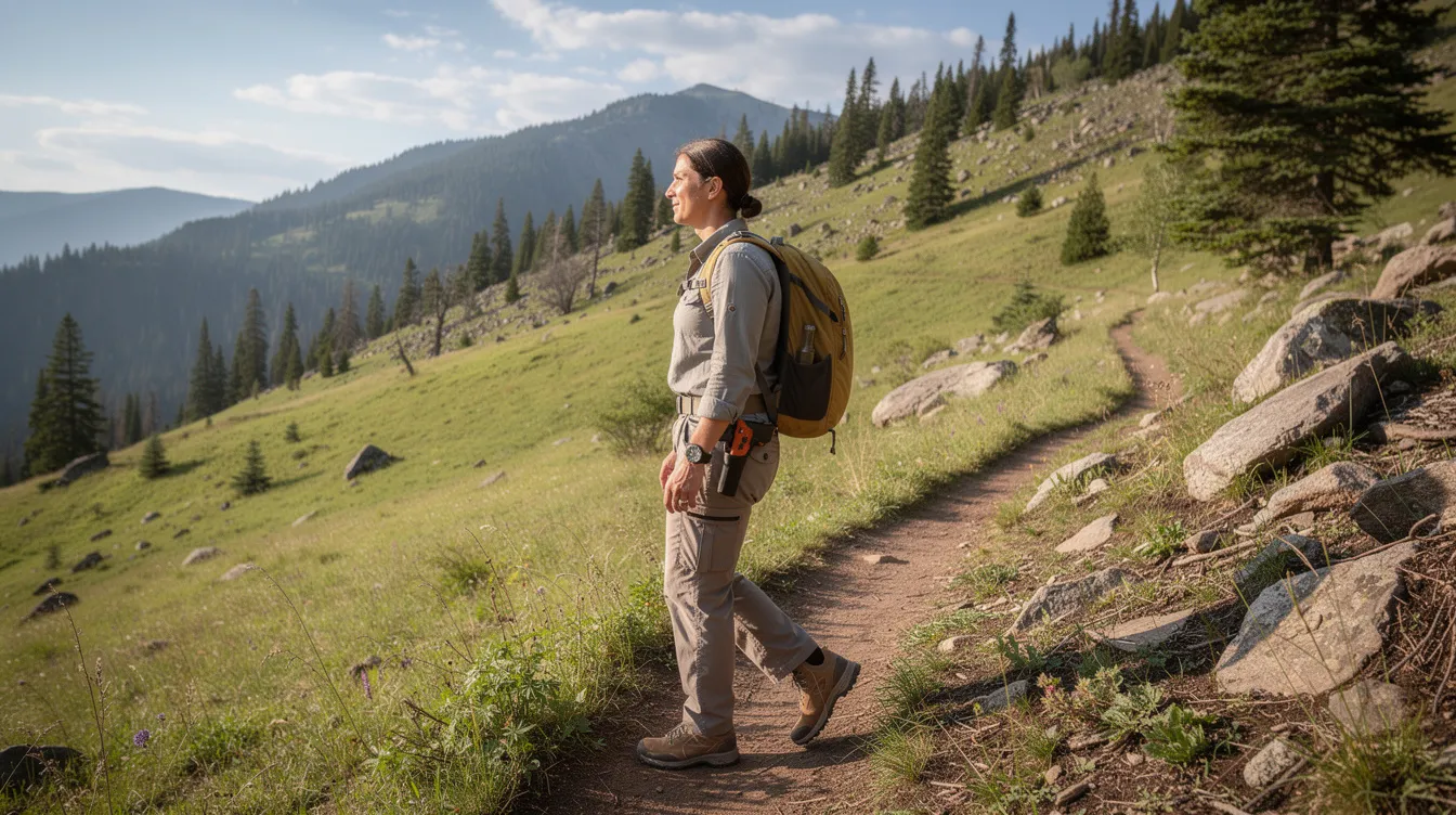A person is hiking safely in a rural mountain landscape, with a holstered sidearm visible on their hip, showcasing the practice of carrying a concealed weapon in accordance with Montana's gun laws. The serene environment highlights the balance between outdoor recreation and personal security for permit holders in the state.