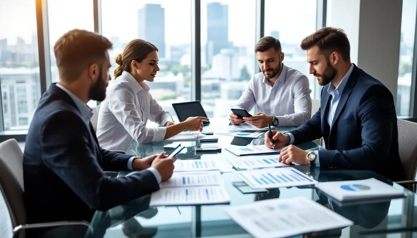 The image depicts a hotel management team gathered around a conference table, analyzing performance metrics related to hotel standard operating procedures (SOPs) and guest feedback data. They are engaged in a discussion aimed at enhancing guest satisfaction and operational efficiency within the hospitality industry.
