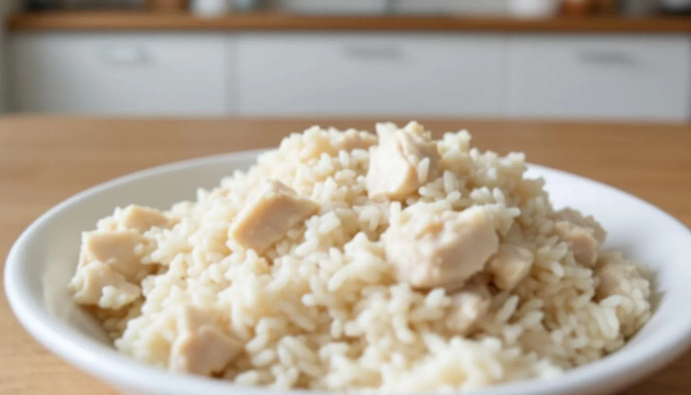In the image, a mixture of boiled chicken and rice is prepared on a clean surface, representing a bland diet often recommended for pets experiencing symptoms like dog vomiting or frequent diarrhea. This simple meal is commonly suggested by veterinarians for pets with stomach pain or other gastrointestinal issues.