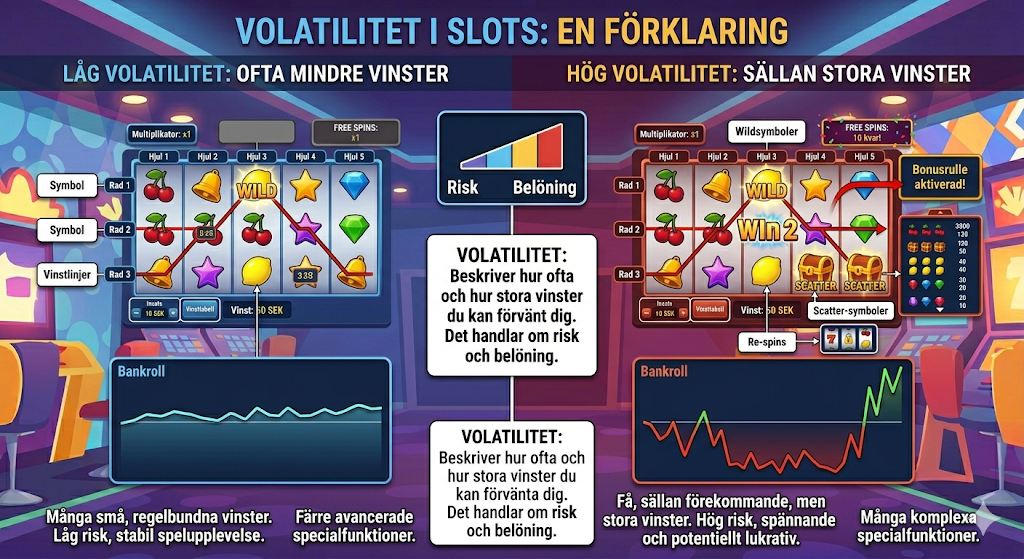 Volatilitet i slots förklaring – låg och hög volatilitet i spelautomater som påverkar vinster och risk i online casino.