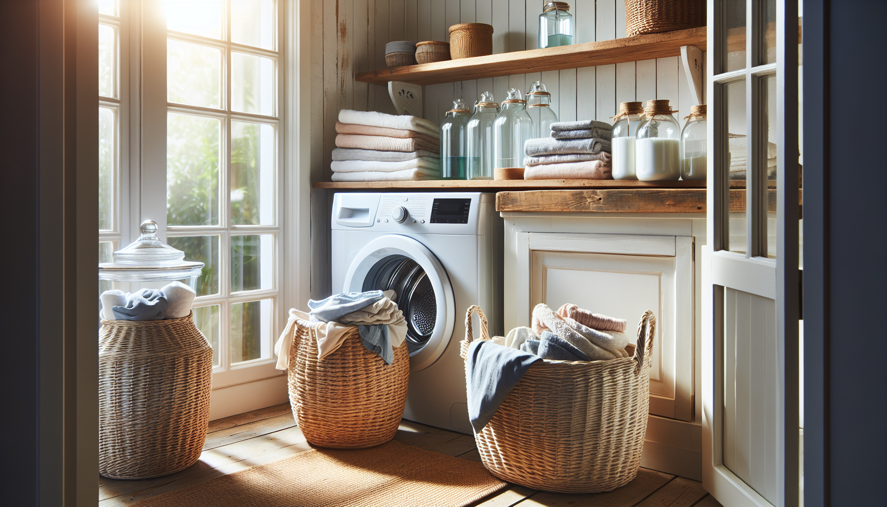 Stylish woven baskets and glass jars for laundry storage