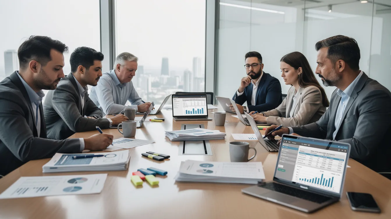 A team of accounting professionals is gathered around a conference table, reviewing documents and laptop screens that display accounting software, highlighting the use of AI tools for financial reporting and data entry. The atmosphere suggests collaboration on improving accounting workflows and embracing AI technology for enhanced decision-making processes.