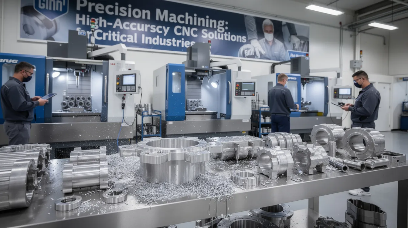 The image showcases advanced CNC technology used in precision machining processes, highlighting various precision machining tools and equipment designed for high accuracy in producing complex parts for critical industries like aerospace and medical applications. The focus is on the intricate details of machined parts, emphasizing the tight tolerances and high precision required in modern manufacturing.