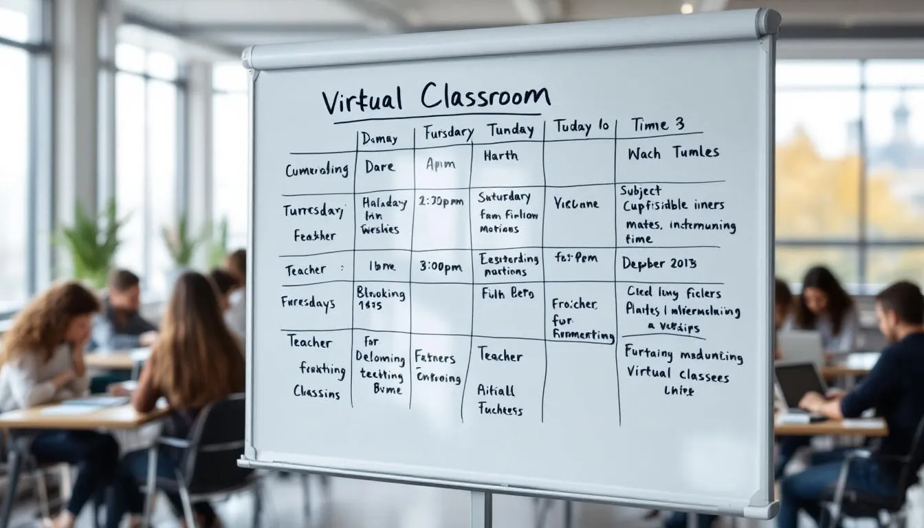 The image displays a virtual classroom schedule outlining various schema therapy training programs, including sessions for advanced certification and workshops designed for experienced mental health professionals. Each time slot includes details about the topics covered, aimed at enhancing skills in therapy techniques and case conceptualization for therapists working with personality disorders.