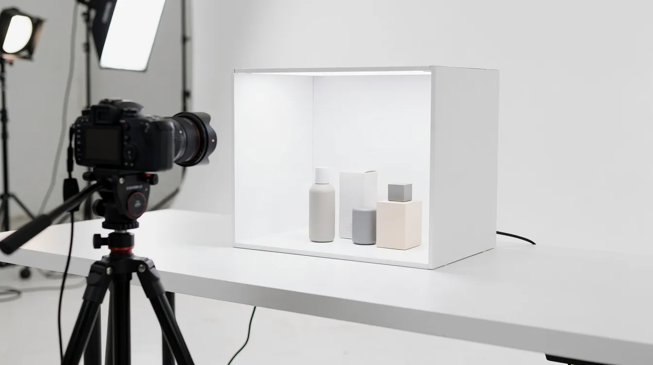 The image features a sleek and modern product photography setup, showcasing a camera and lightbox with minimalist products neatly arranged on a clean white surface. This visually appealing arrangement exemplifies best practices for high-quality product photos that can enhance brand storytelling for successful Shopify stores.