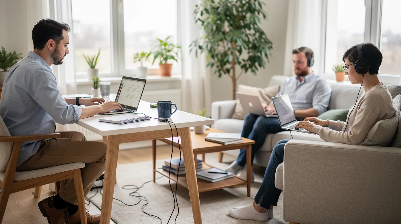 The image depicts professionals working remotely in a home office environment, focused on their laptops as they navigate the complexities of cyber security. This setting highlights the importance of protecting sensitive data and ensuring cyber resilience for UK businesses against growing threats, including cyber attacks and organised crime groups.