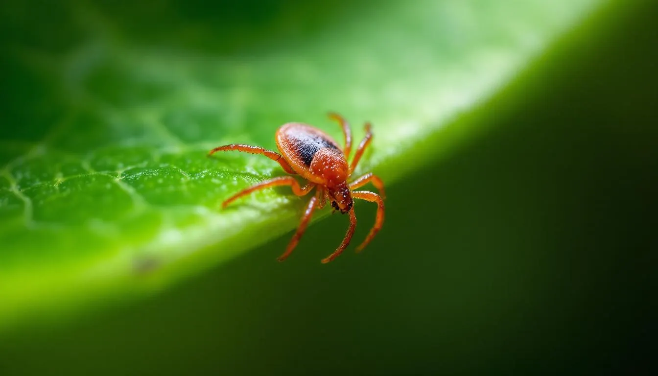 A close-up image of a brown dog tick resting on a leaf, highlighting its distinctive features as a common tick species that can transmit infections such as ehrlichiosis in dogs. This tick, if not controlled, poses a risk for tick-borne diseases affecting the dog