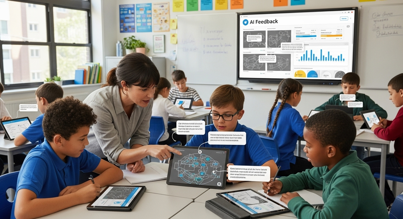 Classroom learning scene highlighting collaborative feedback between AI tools and educators.