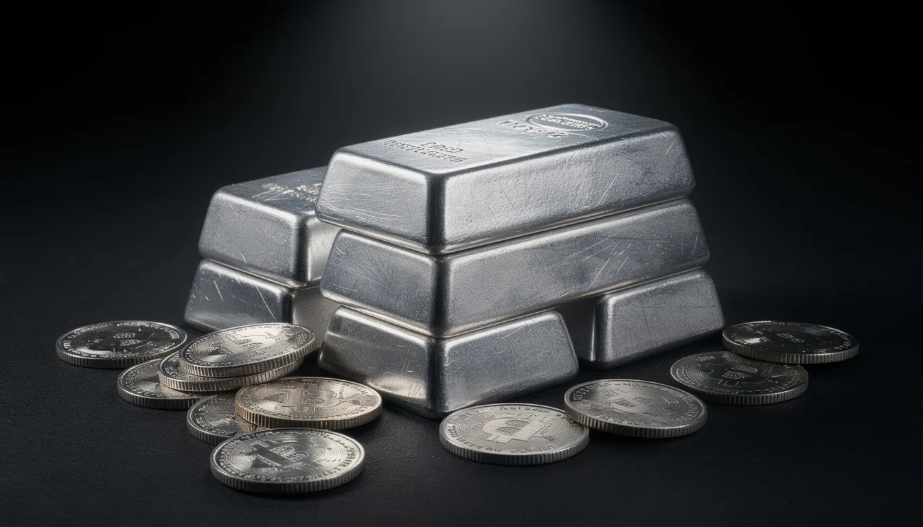 A stack of silver bullion bars and coins is neatly arranged on a dark surface, showcasing the gleaming quality of pure silver as a valuable investment. The collection highlights the allure of precious metals, making it an appealing sight for those interested in silver jewellery and investments.