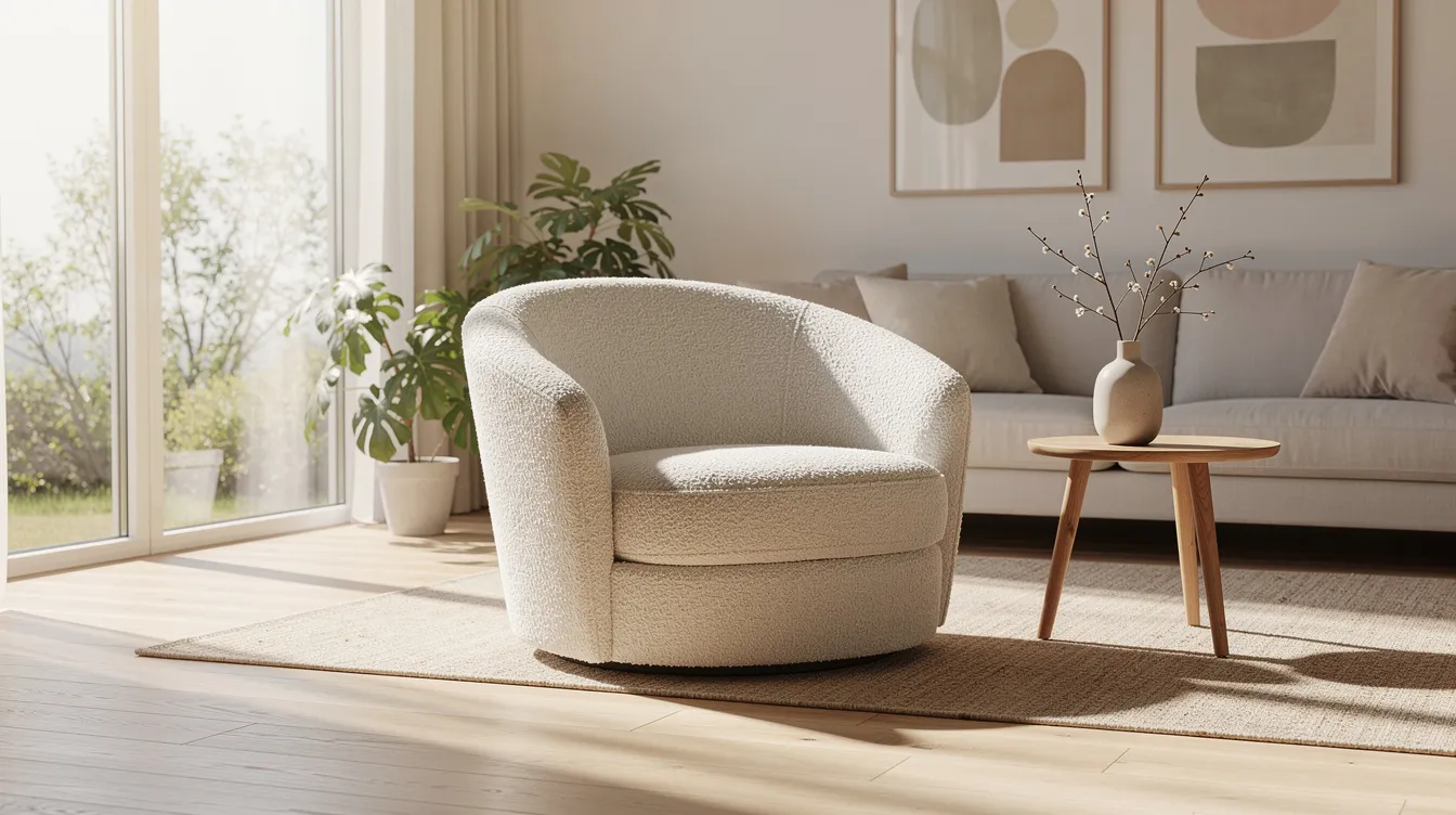 En mysig rund fåtölj i ljus bouclé-tyg står placerad i ett soligt vardagsrum, vilket ger en inbjudande och bekväm atmosfär. Fåtöljen är en perfekt plats för avkoppling och passar bra in i olika inredningsstilar.