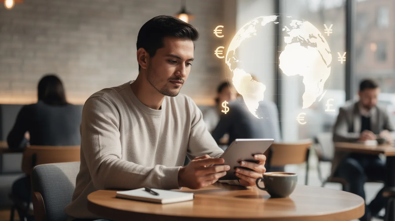 A confident person is seated at a coffee shop, engaging with a tablet, while a globe and various currency symbols subtly appear in the background, hinting at themes of international money transfers and the complexities of sending money abroad. The atmosphere suggests a blend of modern technology and global finance, reflecting the nuances of cross-border payments and the importance of secure transactions.