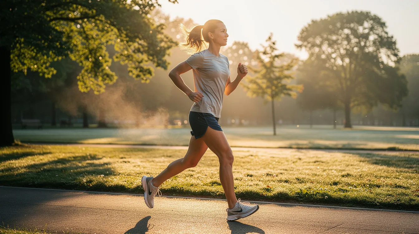 A person is jogging outdoors in the warm morning sunlight, embodying a healthy lifestyle that promotes cellular energy production and overall well-being. This scene reflects the benefits of exercise for maintaining energy levels and supporting cellular health as part of a balanced routine.