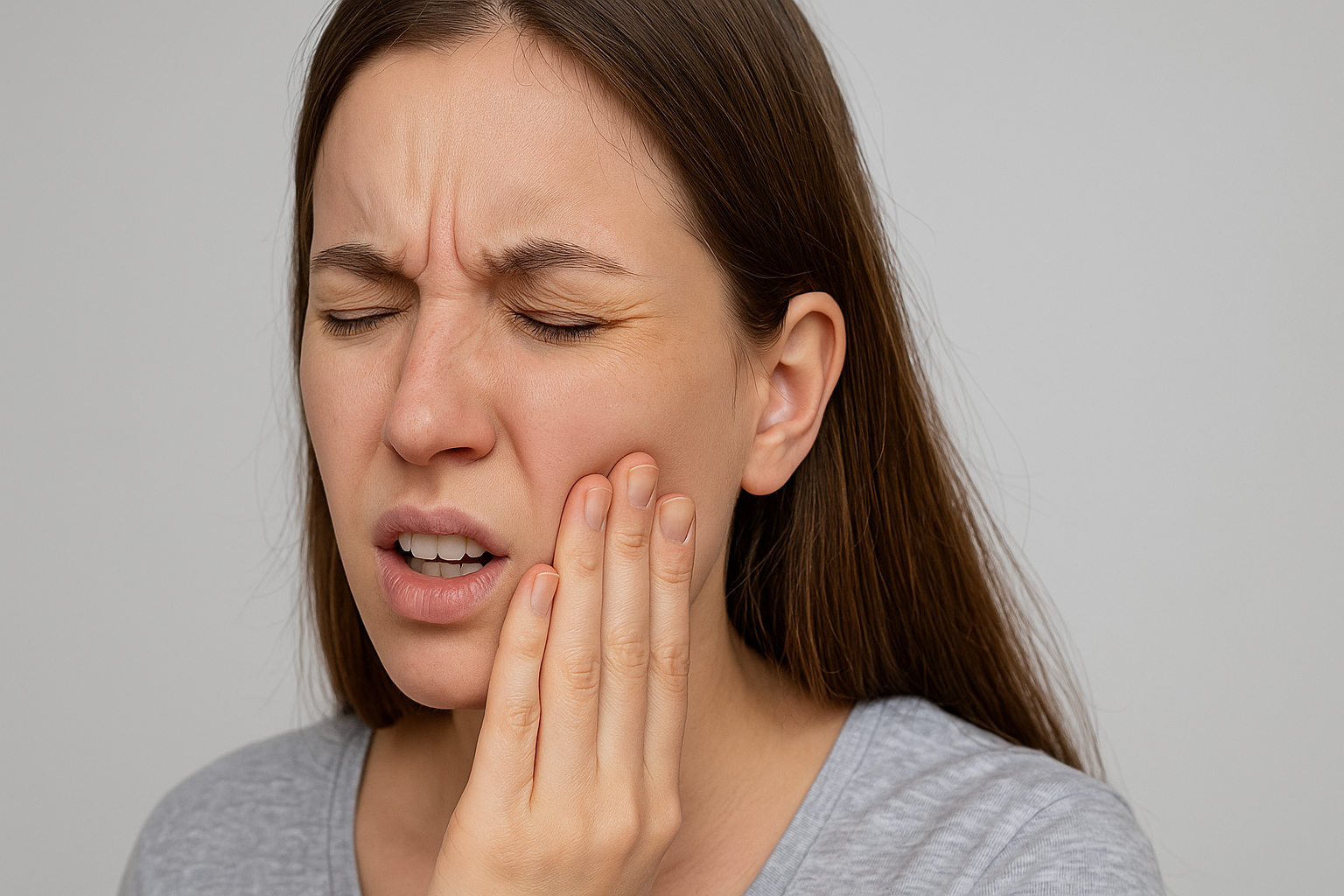 Kvinne med smertefullt ansiktsuttrykk holder hånden mot kinnet i forsøk på å lindre en mulig tannpine eller kjevesmerte.