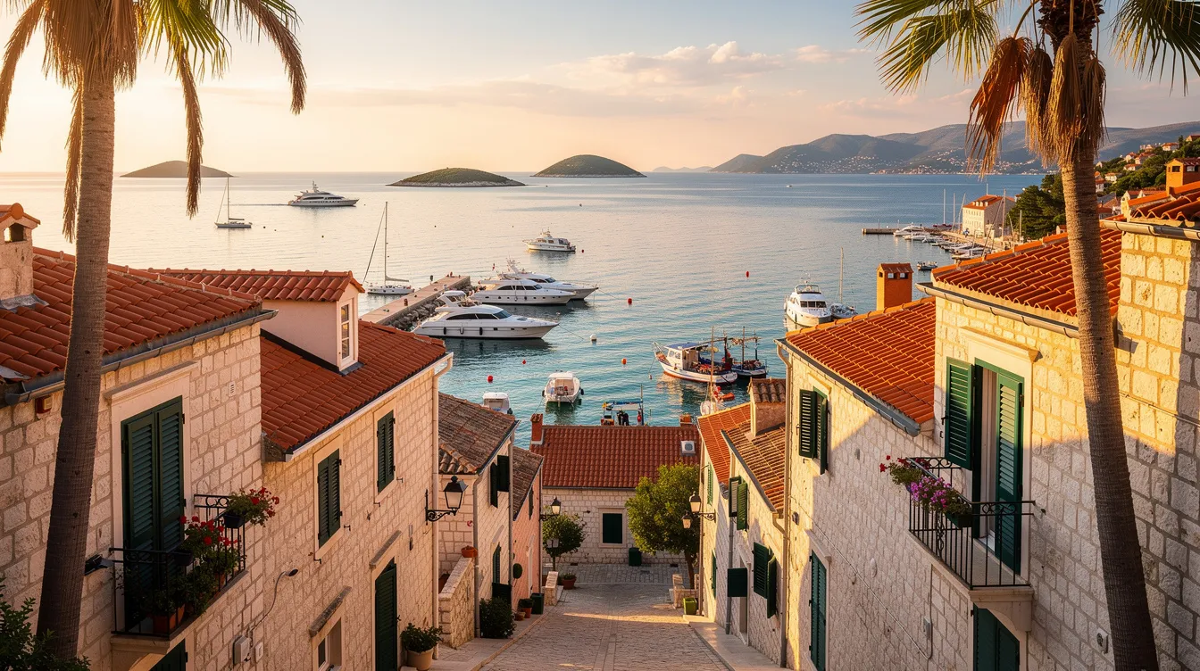 A imagem retrata a bela ilha de Hvar, na Croácia, famosa por suas paisagens deslumbrantes, mar cristalino e arquitetura histórica. É um destino popular para viagens, oferecendo uma rica cultura e história, além de ser um dos principais destinos turísticos do país.